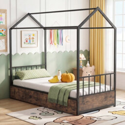 Gainoom Single Size Brown House Bed With 2 Drawers Heavy-Duty Metal Platform Bed With Roof - thumbnail 3