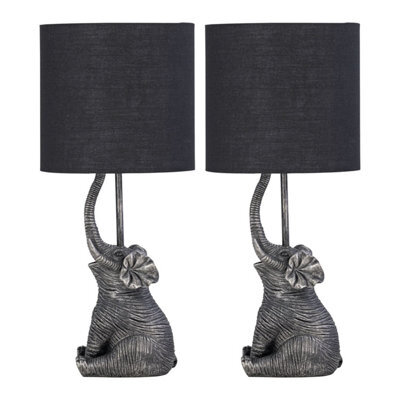 First Choice Lighting Set Of 2 Elephant Black Resin Table Lamps With Black Fabric Shades