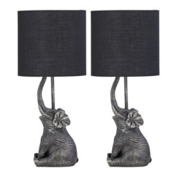 First Choice Lighting Set Of 2 Elephant Black Resin Table Lamps With Black Fabric Shades