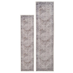 Loomed Oriental Design Cotton Chenille Rug Grey Beige Machine Washable 60Cm X 240Cm - thumbnail 3