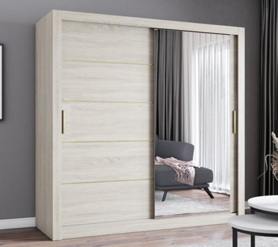 Fhif Ibiza Gold 180Cm Oak Sliding Door Wardrobe Modern Bedroom Storage With Full Length Mirror Shelves And Hanging Rails - image 1