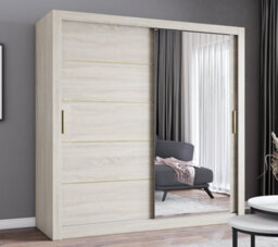 Fhif Ibiza Gold 180Cm Oak Sliding Door Wardrobe Modern Bedroom Storage With Full Length Mirror Shelves And Hanging Rails