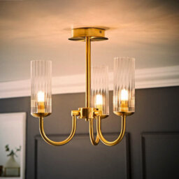 Valuelights Canya 3 Way Brushed Gold Ceiling Light Chandelier With Clear Ribbed Shades And Bulbs