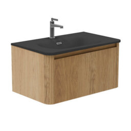 Plum&clay Isla Ribbed Fluted Oak Wood Wall Hung Drawer Vanity Unit & Black Basin Set (W)800mm - thumbnail 1