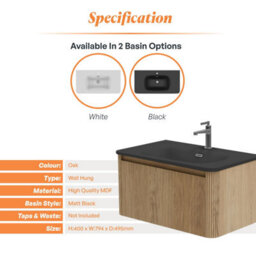 Plum&clay Isla Ribbed Fluted Oak Wood Wall Hung Drawer Vanity Unit & Black Basin Set (W)800mm - thumbnail 5