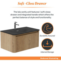 Plum&clay Isla Ribbed Fluted Oak Wood Wall Hung Drawer Vanity Unit & Black Basin Set (W)800mm - thumbnail 4