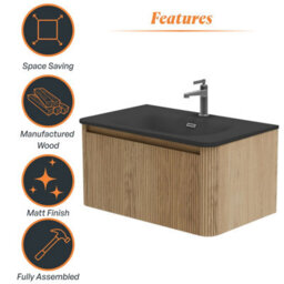 Plum&clay Isla Ribbed Fluted Oak Wood Wall Hung Drawer Vanity Unit & Black Basin Set (W)800mm - thumbnail 6