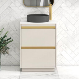 Royal Bathrooms Orion 600mm Warm Taupe Floor Standing Plain White Countertop Vanity Unit 2 Drawer With Art Round Basin & Brushed Brass Accent Trim - thumbnail 1