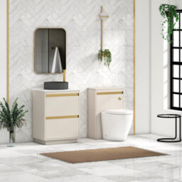 Royal Bathrooms Orion 600mm Warm Taupe Floor Standing Plain White Countertop Vanity Unit 2 Drawer With Art Round Basin & Brushed Brass Accent Trim - thumbnail 3