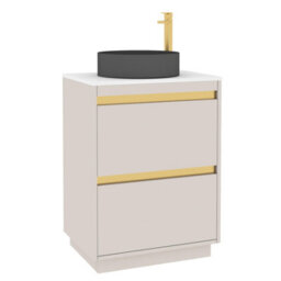 Royal Bathrooms Orion 600mm Warm Taupe Floor Standing Plain White Countertop Vanity Unit 2 Drawer With Art Round Basin & Brushed Brass Accent Trim - thumbnail 6