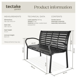 Tectake Garden Bench Pino - 3-Seater, Steel Frame, Weatherproof, 126 X 62 X 81.5 Cm - Black - thumbnail 6