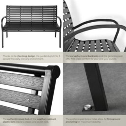 Tectake Garden Bench Pino - 3-Seater, Steel Frame, Weatherproof, 126 X 62 X 81.5 Cm - Black - thumbnail 5