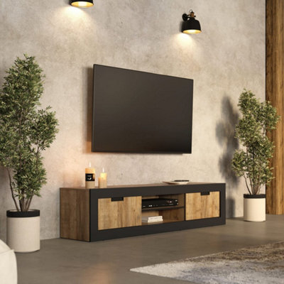 Arte Tudor Tv Sliding Door Cabinet 180Cm - Oak Sandal & Black Media Unit With Cable Management For Modern Living Room - image 1