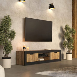 Arte Tudor Tv Sliding Door Cabinet 180Cm - Oak Sandal & Black Media Unit With Cable Management For Modern Living Room - thumbnail 1