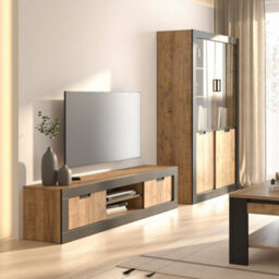 Arte Tudor Tv Sliding Door Cabinet 180Cm - Oak Sandal & Black Media Unit With Cable Management For Modern Living Room - thumbnail 5