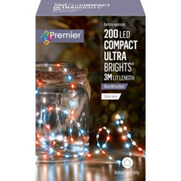 Premier Decorations Limited Premier 200 Led Battery Powered Compact Ultra Brights Blue/white/red 3M Lit Length - thumbnail 1