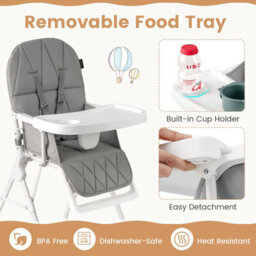 Costway Foldable High Chair Easy Clean Compact Highchair With Tray-Gray - thumbnail 7