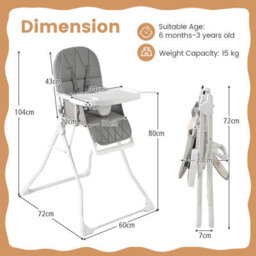 Costway Foldable High Chair Easy Clean Compact Highchair With Tray-Gray - thumbnail 2