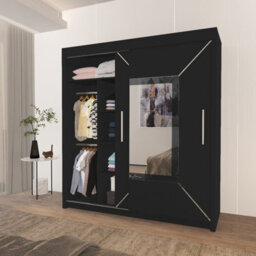 Ie Venice Wardrobe With Rails & Shelves Sliding Door Wardrobe ( Black, 150 Cm ) - thumbnail 2