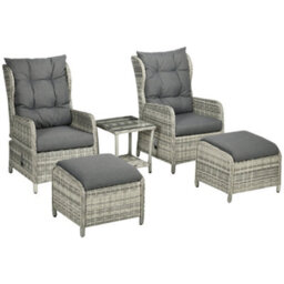 Outsunny Recliner Rattan Garden Furniture W/ Two-Tier Table, Grey - thumbnail 2