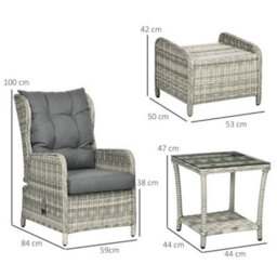 Outsunny Recliner Rattan Garden Furniture W/ Two-Tier Table, Grey - thumbnail 3