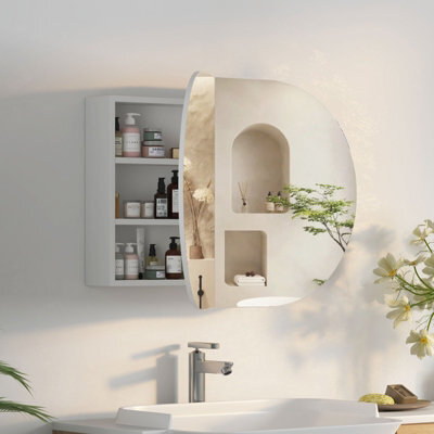 Keepreaper Oval Bathroom Mirror Cabinet With 2 Butterfly Door And 5 Storage Wall Mounted White Ip44 - image 1