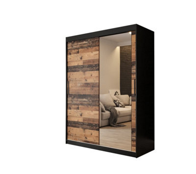 Arte Tilburg 2 Contemporary 2 Mirrored Sliding Door Wardrobe 5 Shelves 2 Rails Dark Oak Effect & Black (H)2000mm (W)1500mm (D)620mm - image 1
