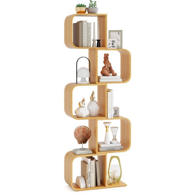 Gainoom Home 5-Tier Natural S-Shaped Bookcase Bamboo Bookshelf W/ 5 Open Cubes - image 1