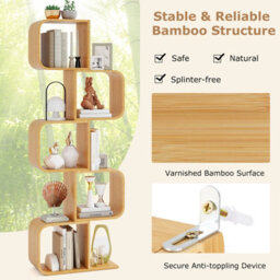 Gainoom Home 5-Tier Natural S-Shaped Bookcase Bamboo Bookshelf W/ 5 Open Cubes - thumbnail 4