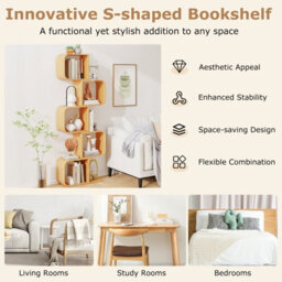 Gainoom Home 5-Tier Natural S-Shaped Bookcase Bamboo Bookshelf W/ 5 Open Cubes - thumbnail 6
