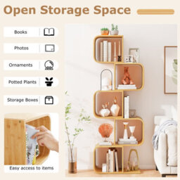 Gainoom Home 5-Tier Natural S-Shaped Bookcase Bamboo Bookshelf W/ 5 Open Cubes - thumbnail 5