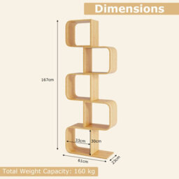 Gainoom Home 5-Tier Natural S-Shaped Bookcase Bamboo Bookshelf W/ 5 Open Cubes - thumbnail 2