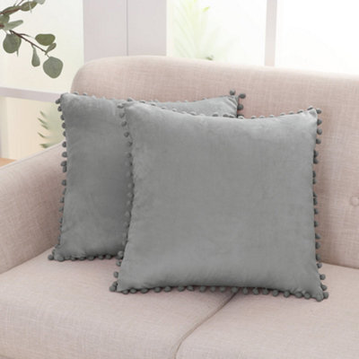 Deconovo 2 Pack Pom Pom 24X24 Inches Crushed Velvet Cushion Covers For Sofa With Invisible Zipper 60Cm X 60Cm Charcoal Grey - image 1