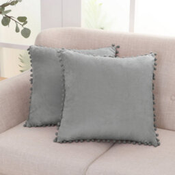 Deconovo 2 Pack Pom Pom 24X24 Inches Crushed Velvet Cushion Covers For Sofa With Invisible Zipper 60Cm X 60Cm Charcoal Grey - thumbnail 1