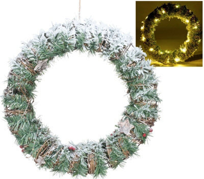 Urbn-Living Urbnliving 40Cm Led Light Green Snow Flocked Christmas Wreath White Door Wall Hanging Garland - image 1