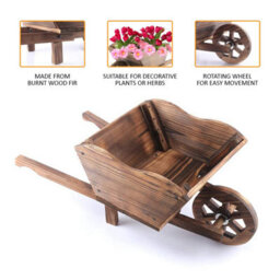 Crystals Garden Modern Wooden Wheel Barrow Planter Burnt Wood Flower Cart Ornamental Pot - thumbnail 4
