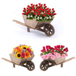 Crystals Garden Modern Wooden Wheel Barrow Planter Burnt Wood Flower Cart Ornamental Pot - thumbnail 3