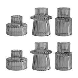 Living And Home Set Of 6 Smoke Gray Fluted Soda Lime Glass Taper Candle Holders Three Styles Table Decor - thumbnail 5