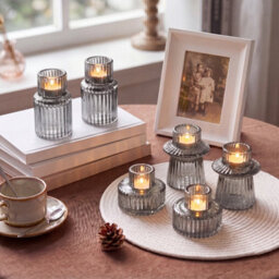Living And Home Set Of 6 Smoke Gray Fluted Soda Lime Glass Taper Candle Holders Three Styles Table Decor - thumbnail 3