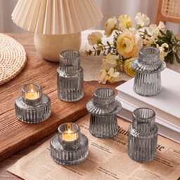 Living And Home Set Of 6 Smoke Gray Fluted Soda Lime Glass Taper Candle Holders Three Styles Table Decor - thumbnail 1