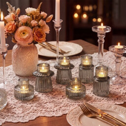 Living And Home Set Of 6 Smoke Gray Fluted Soda Lime Glass Taper Candle Holders Three Styles Table Decor - thumbnail 2