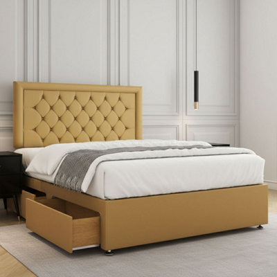 REGIONAL FURNISHINGS Divan Bed Set Mustard Plush Velvet Upholstered 24Inch Headboard 2Drawersfootend & Mattress In Double King 4Ft 6Ft Sizes - image 1
