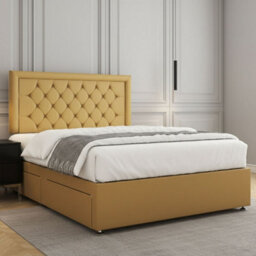 REGIONAL FURNISHINGS Divan Bed Set Mustard Plush Velvet Upholstered 24Inch Headboard 2Drawersfootend & Mattress In Double King 4Ft 6Ft Sizes - thumbnail 3