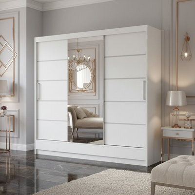 Aston Vi White Sliding Door Wardrobe Modern Design With Mirror Shelves And Hanging Rails No Led Lighting - image 1