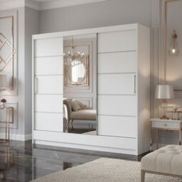 Aston Vi White Sliding Door Wardrobe Modern Design With Mirror Shelves And Hanging Rails No Led Lighting - thumbnail 1