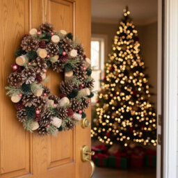 Urbn-Living Urbnliving 25Cm Red Green & Wood Christmas Wreath Festive Decoration With Jute Hanger Traditional Pinecone Décor - thumbnail 5