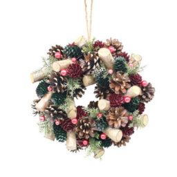 Urbn-Living Urbnliving 25Cm Red Green & Wood Christmas Wreath Festive Decoration With Jute Hanger Traditional Pinecone Décor