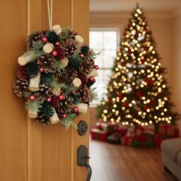 Urbn-Living Urbnliving 25Cm Red Green & Wood Christmas Wreath Festive Decoration With Jute Hanger Traditional Pinecone Décor - thumbnail 3