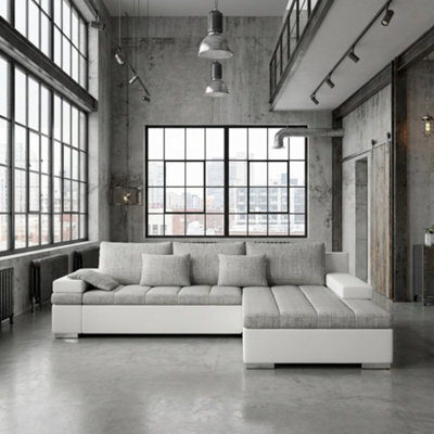 Bangkok Corner Sofa Bed With Storage And Sleeping Function Metal Legs Wooden Frame Foam Filling Light Grey And White Right - image 1