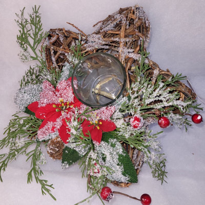 Garden Store Direct Twig Wrapped Star Centrepiece Candle Holder With Poinsettia And Berry Frosted Décor - image 1